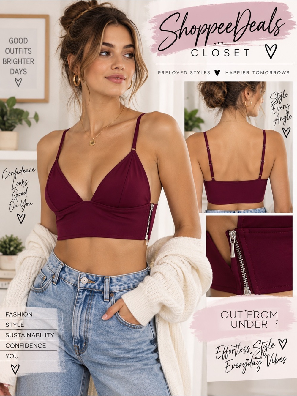 Out From Under Burgundy Longline Triangle Bralette Side Zip S/P
